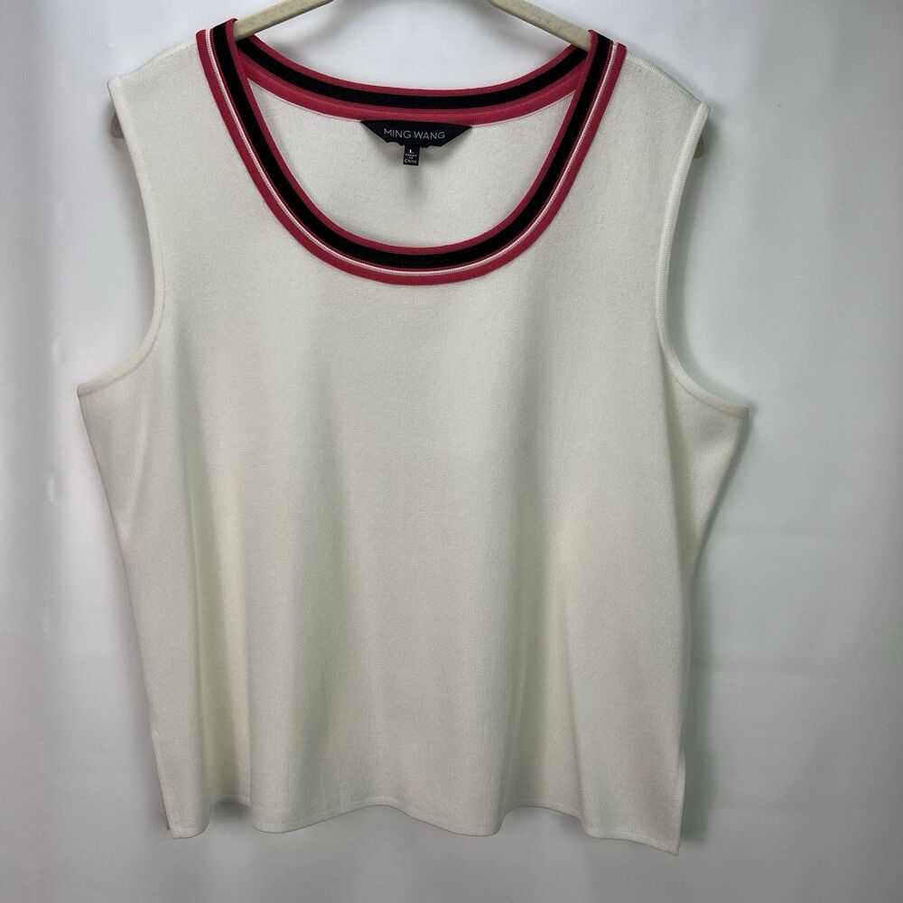 Ming Wang Sleeveless Knit Tank Top White Pink Black Trim Size L